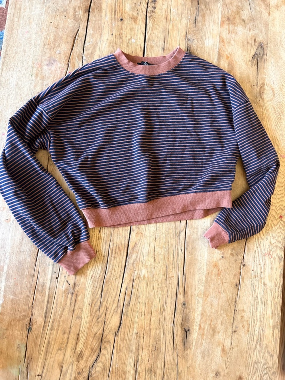 Striped Cropped Long Sleeve Sweater - Navy & Rust F21
